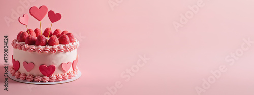 A heart-shaped cake decorated with sugar hearts and candies sits on a matching pink background. The romantic dessert symbolizes love and celebration, perfect for Valentine’s Day and anniversaries.