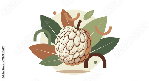 Artistic Illustration of Custard Apple Fruit with Decorative Leaves and Minimalist Design