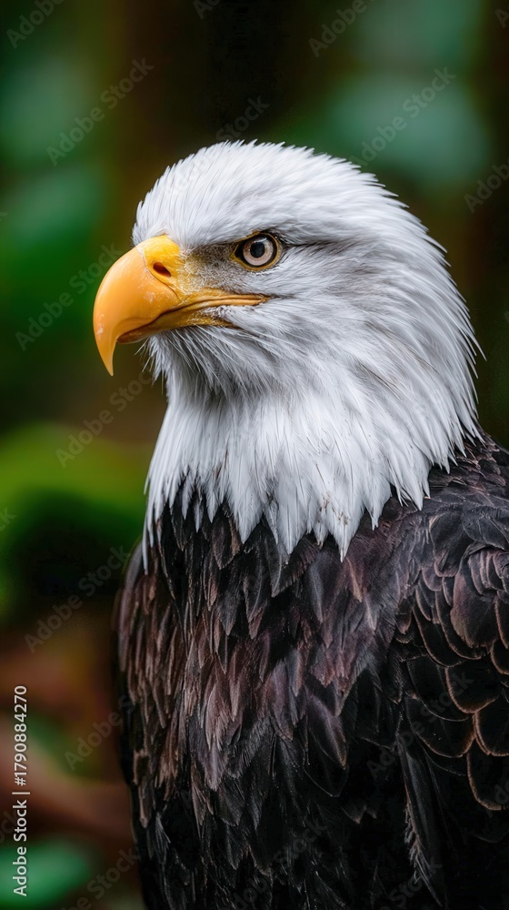 Fototapeta premium Iconic bald eagle gazing intently while perched in a natural setting