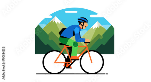 Bicyclist Exploring Mountains Depicted in a Simplified Contemporary Illustration Style
