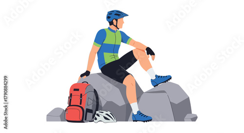 Bicyclist Resting On Rocks And Enjoying The View After An Adventure Ride