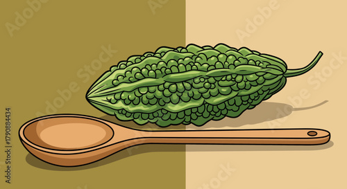 Bitter Gourd Fruit Lying Over Wooden Spoon Against Two Tone Background