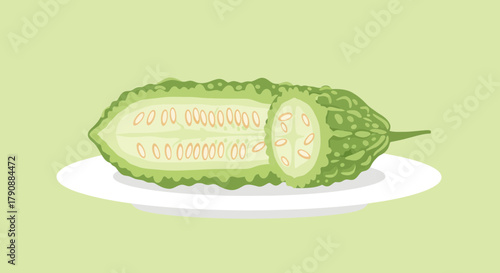 Bitter Gourd Illustration Displaying Green Vegetable Sliced and Presented on a Plate