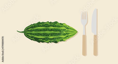 Bitter Gourd Illustration Alongside Silverware Preparing for a Healthy Culinary Experience