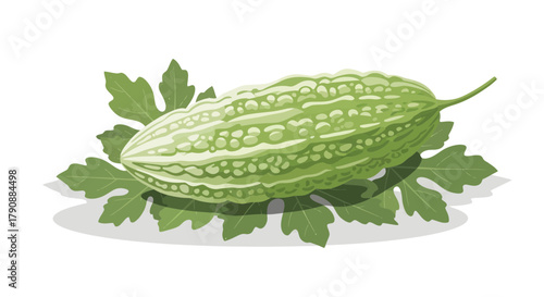 Bitter Gourd Illustration Displayed on Green Leaves with Textured Illustration Style