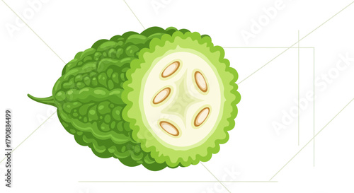 Bitter Gourd Half Illustration With Seeds On White Background Isolated Green Vegetable