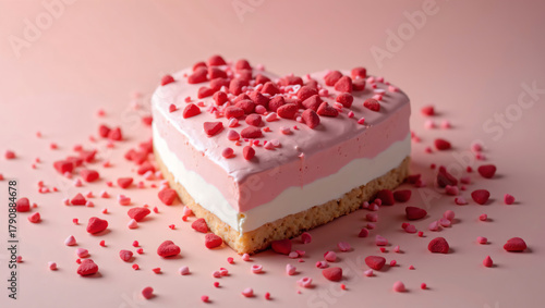 A heart-shaped pink cake decorated with candy strawberry sprinkles centerpiece sits on a matching pink background. The romantic dessert symbolizes love and celebration, perfect for Valentine’s Day.