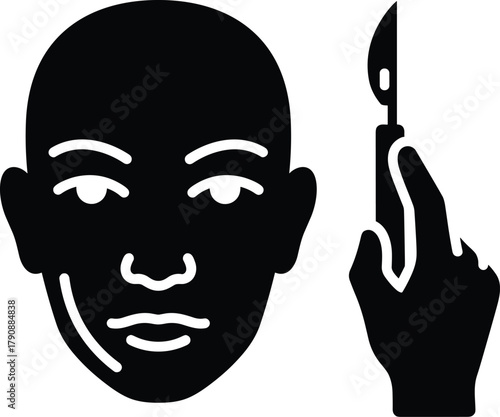 Black icon of face and hand holding scalpel for cosmetic surgery head human