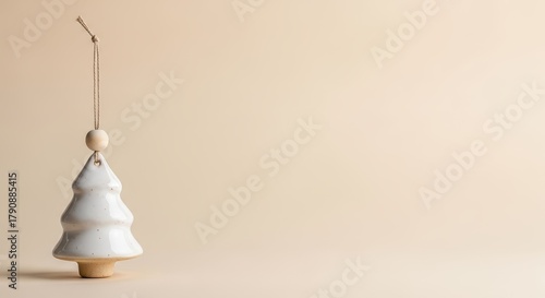 Ceramic Christmas tree ornament on a soft beige background  