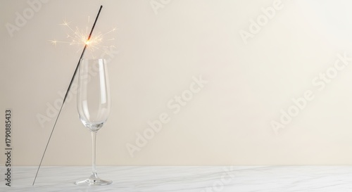 Sparkler above a champagne glass on a neutral background  