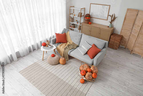 Stylish sofa and pumpkins i...