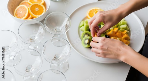 Preparing a Colorful Fruit Salad on a White Table  