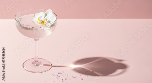 Elegant cocktail with flower garnish on pink background  
