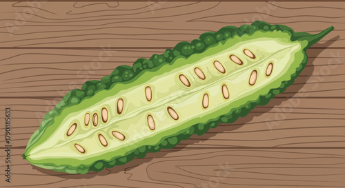 Bitter Melon: A Detailed Vector Illustration Showcasing Internal Anatomy and Seed Structure