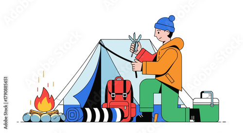 Camping Adventure Illustration Featuring A Person Setting Up A Tent Amidst Nature