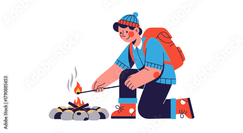 Camping Adventure Illustration Featuring Figure Lighting Campfire At Night With Backpack