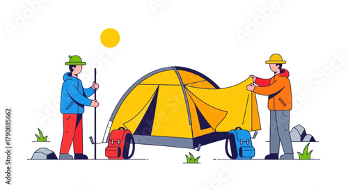 Camping Adventure Illustration Featuring Figures Erecting a Tent Under the Night Sky