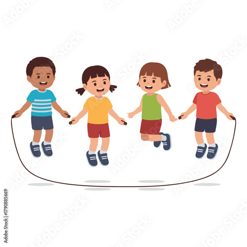 Group of four children jumping rope