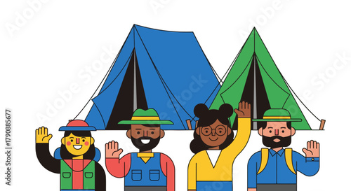 Camping Adventure Illustration Featuring People, Tents, And Stylish Black Background Design