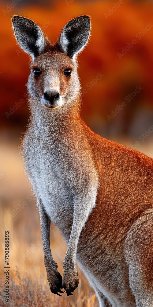 Fototapeta premium Lone kangaroo stands gracefully in golden grass at sunset in the Australian outback