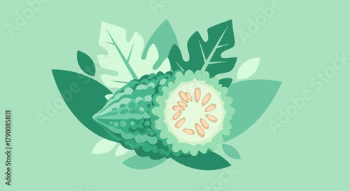 Bitter Melon Illustration: A Vibrant Botanical Depiction on a Mint-Green Backdrop