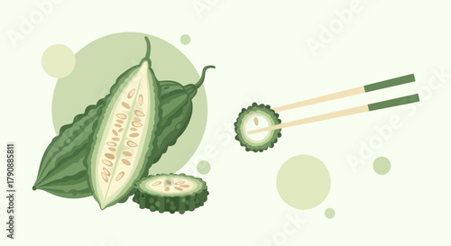 Bitter Melon Illustration Depicting Food Preparation and Presentation, Vector Style