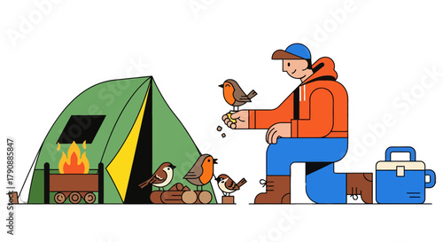 Camping Adventure: Person Interacting with Wildlife, Beside Campfire and a Tent Scene