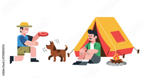 Camping Adventure: Person Playing Frisbee With Dog Near Tent and Campfire at Night