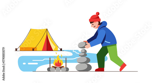 Camping Adventure: Person Preparing Stones near a Tent and Bonfire in the Wilderness Scene