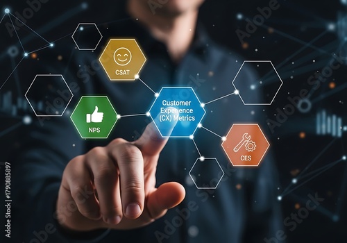 Man touching interactive display showing Customer Experience Strategy concept with connected hexagons