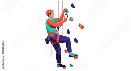 Bold Climber Ascending a Wall With Grips Against a Black Background