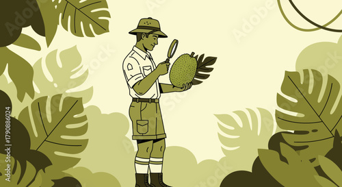 Botanist Examining Exotic Fruit In Lush Jungle Surrounded By Large Tropical Leaves
