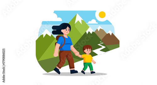 Bonding And Exploring: Mother And Child Venture Together, Hiking Through Mountainous Terrain