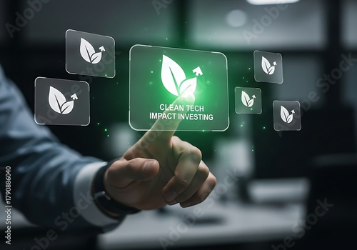 Businessman touching holographic screen with Clean Tech Impact Investing concept, symbolizing sustainable finance and green technology