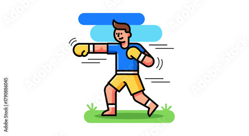 Boxer Practicing Punching Illustrated On Green Surface With Blue Background