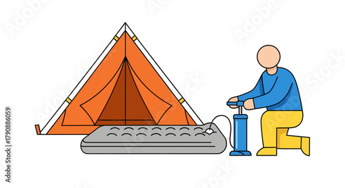 Camping Adventure: Setting Up a Tent And Inflating Mattress Preparing For An Outdoor Experience