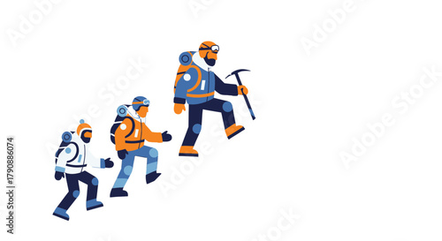 Brave Mountaineers Ascend Steadily Through Dark Vastness Reaching New Heights Together