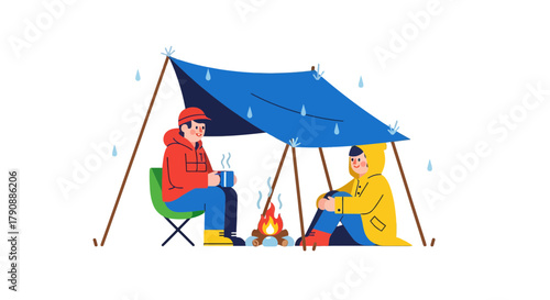 Camping Adventure Under The Rain: Friends Gathering Around A Warm Campfire