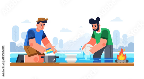 Campers Washing Dishes Outdoors Near Bonfire with Water and Mountain Background Scene