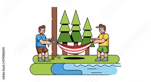 Campers Setting Up Hammock Near Evergreen Trees In A Tranquil Outdoor Environment