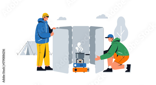 Campers Prepare Meal Outdoors With Stove And Windscreen In A Vector Illustration