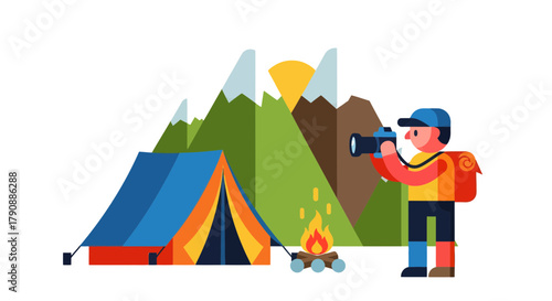 Camping Adventure:Capturing Splendor Under a Sunny Sky Amidst Towering Mountain Peaks