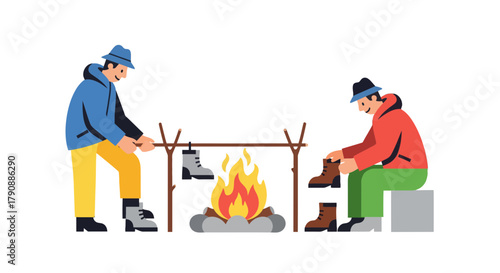 Campfire Companions Heating Boots At Night With Lively Flames Burning Brightly