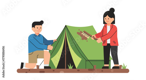 Camping Couple Cleaning Their Tent for Adventure and Outdoor Activities Together