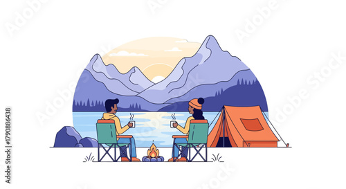 Camping Couple Enjoying Lake View With Drinks At Sunset Behind The Scenic Mountains