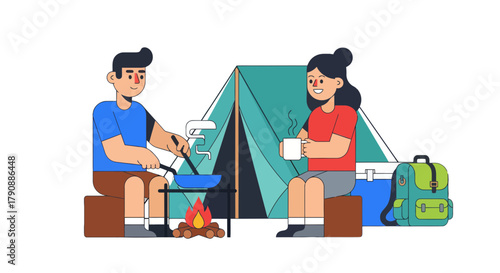 Camping Couple Cooking And Enjoying The Outdoors Near A Tent At Night