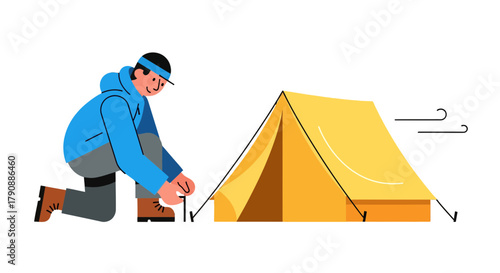 Camping Adventure: An Illustrator Depicts Setting Up Tent for a Thrilling Outdoor Experience