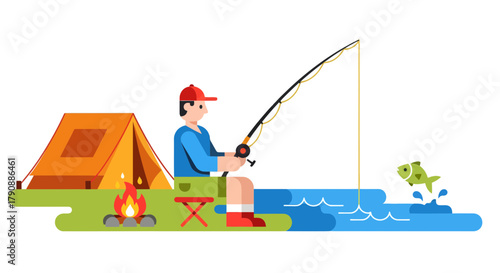 Camping Adventure: Angler Attempts To Reel In A Fish Near Their Tent At Night