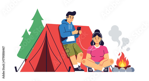 Camping Couple Enjoying Nature: Listening Music Near Campfire With Phone And Tent