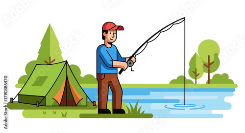 Camping Adventure: Angler Casting Fishing Rod Near Lakeside Tent in the Wilderness